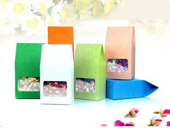 300 шт./лот, пакет для упаковки чая из крафт-бумаги с тиснением, прозрачное окно, розничная пластиковая коробка для еды, стоячий бумажный пакет