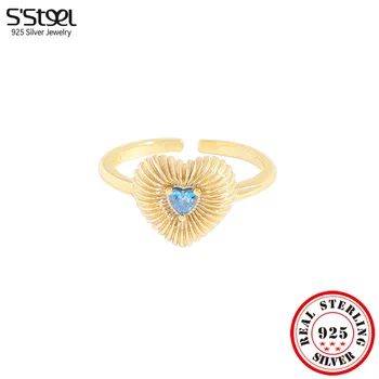 S'STEEL, Аутентичное серебро 925 Пробы, Сердце Любви, Синий Циркон, Регулируемые Кольца Для женщин, Ретро Роскошный бренд Ringen Promise Jewelry