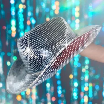 Ковбойская шляпа с диско-шаром, ковбойская шляпа из зеркального стекла Ручной работы, изготовленная на заказ, подходит для вечеринки, шоу, модная шляпа